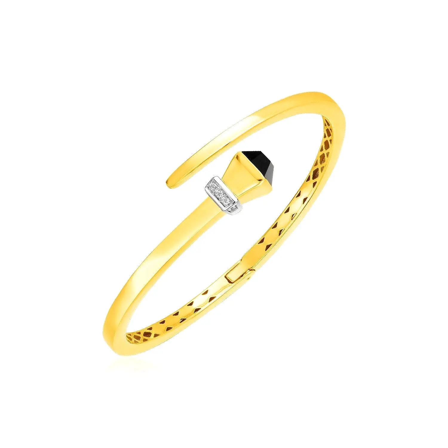 14k Yellow Gold Crossover Style Hinged Bangle Bracelet with Onyx and Diamonds