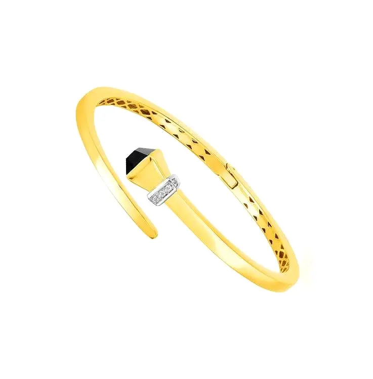 14k Yellow Gold Crossover Style Hinged Bangle Bracelet with Onyx and Diamonds