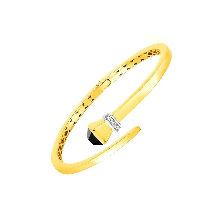 14k Yellow Gold Crossover Style Hinged Bangle Bracelet with Onyx and Diamonds