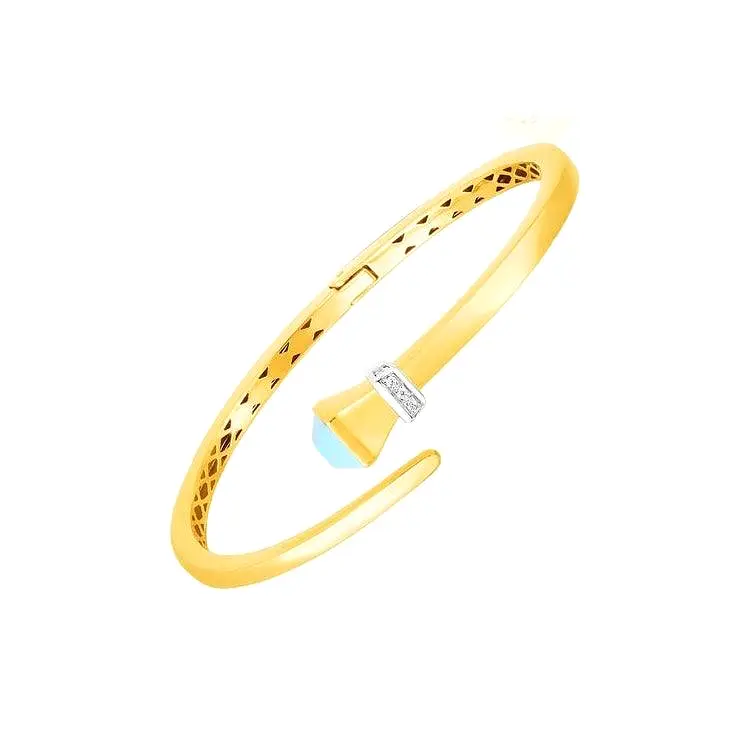 14k Yellow Gold Crossover Style Hinged Bangle Turquoise and Diamonds