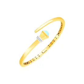 14k Yellow Gold Crossover Style Hinged Bangle Turquoise and Diamonds