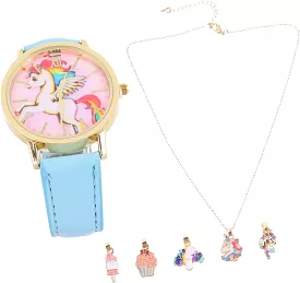 1pc Kids Unicorn Pattern Dial Quartz Watch & 1pc Necklace & 4pcs Pendant S186570