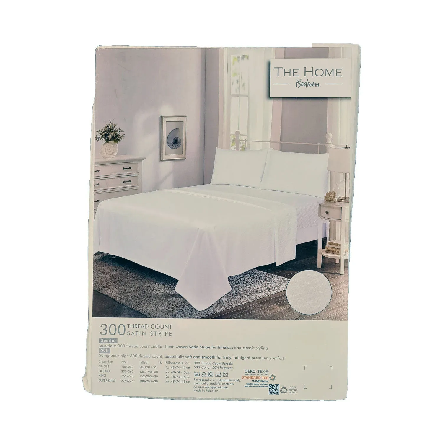 300 Thread Count Satin Stripe Flat Sheet - White