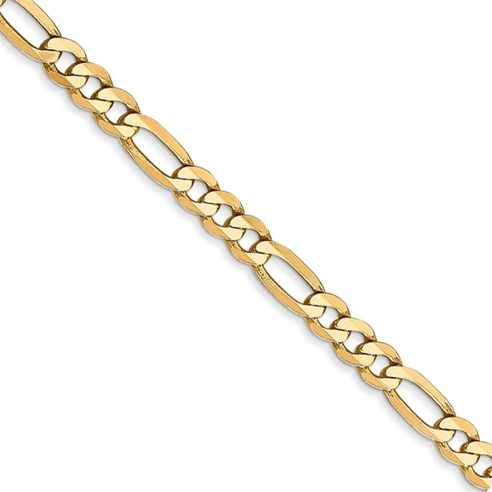 4mm 14k Yellow Gold Solid Flat Figaro Chain Necklace