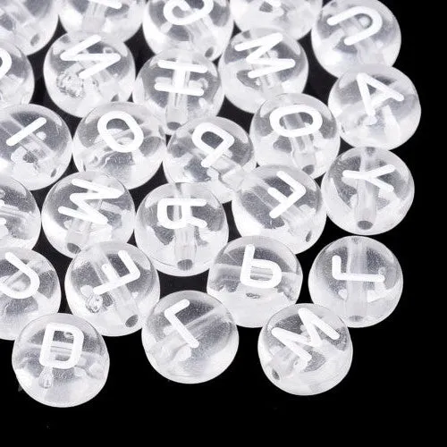 Acrylic Beads, Flat, Round, Alphabet, Letter, Clear, White, Mixed, A-Z, 7mm