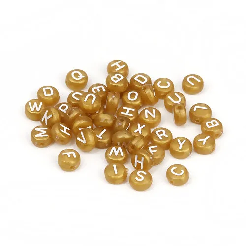 Acrylic Beads, Flat, Round, Alphabet, Letter, Opaque, Gold, White, Mixed, A-Z, 7mm