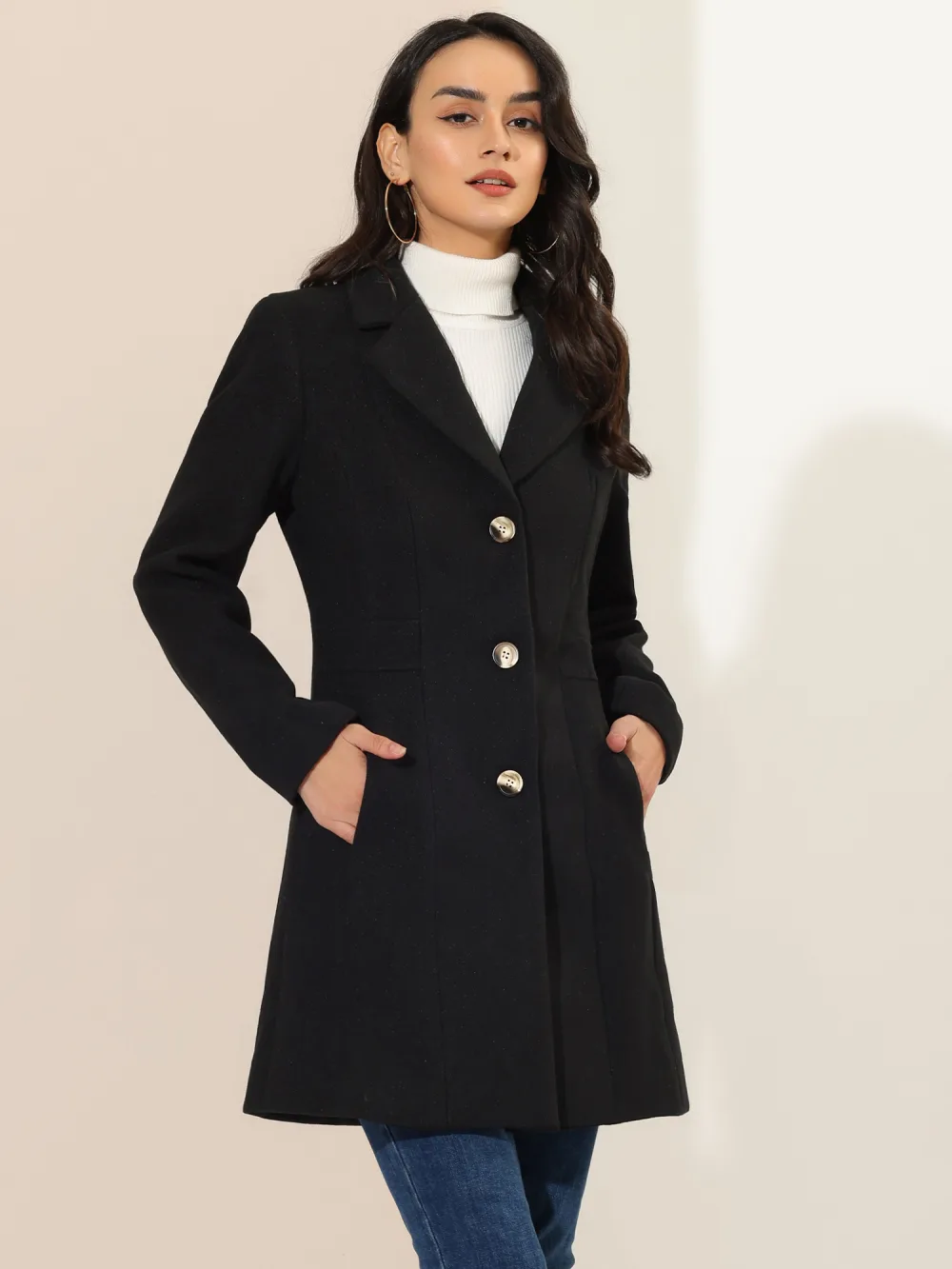 Allegra K- Single Breasted Notched Lapel Peacoat