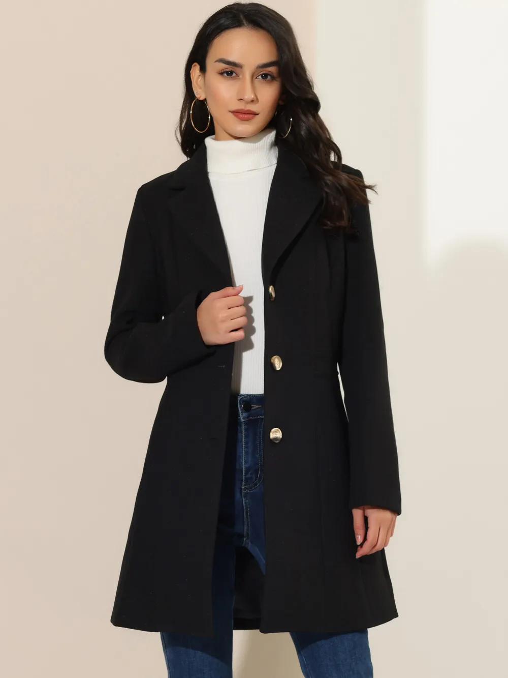 Allegra K- Single Breasted Notched Lapel Peacoat