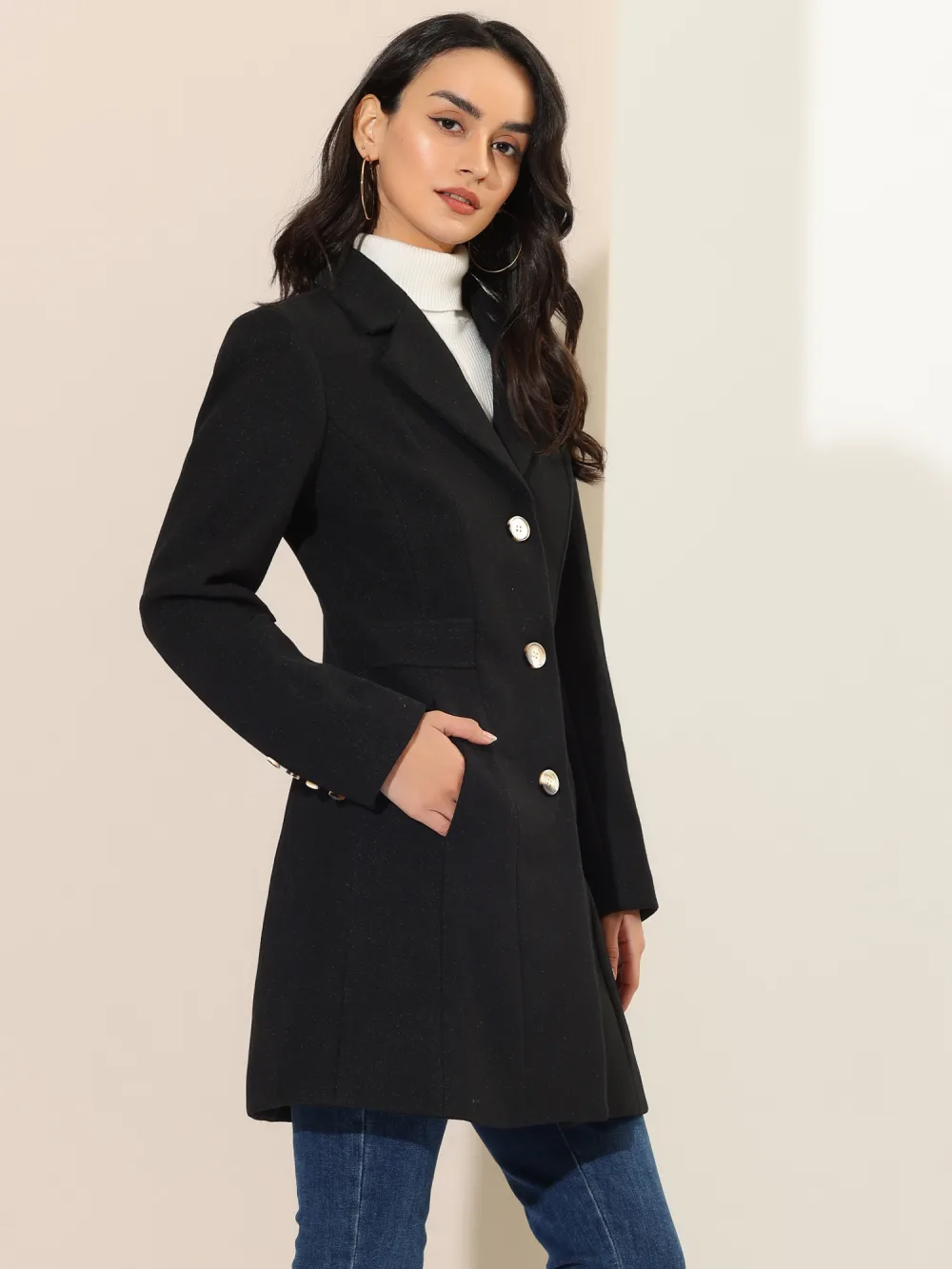 Allegra K- Single Breasted Notched Lapel Peacoat