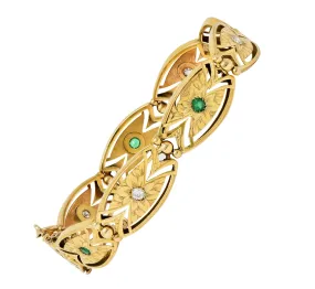 Art Nouveau 0.68 CTW Diamond Emerald 14 Karat Yellow Gold Floral Navette Link Antique Bracelet