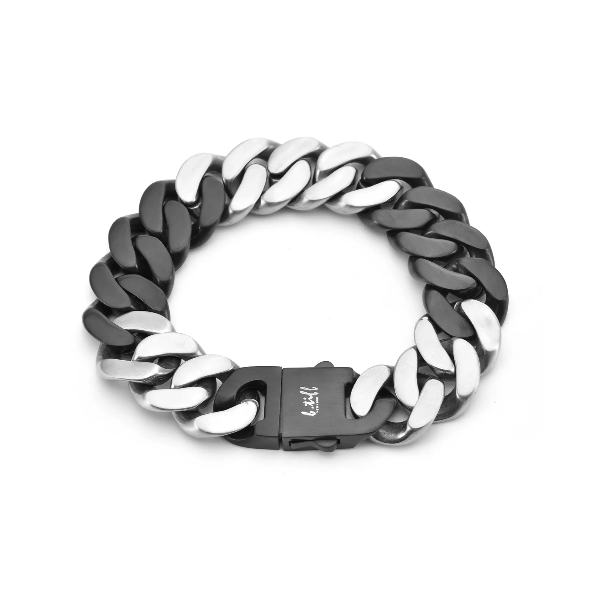 BG160BW B.Tiff Black Anodized & Stainless Steel Flat Cuban Link Bracelet