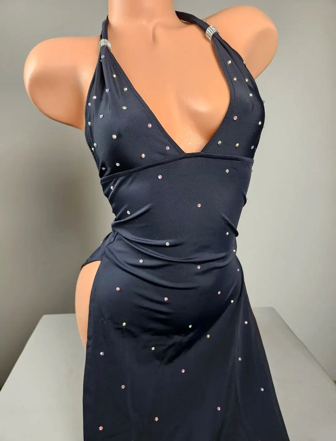 Black High Cut Gown w/ Rhinestones