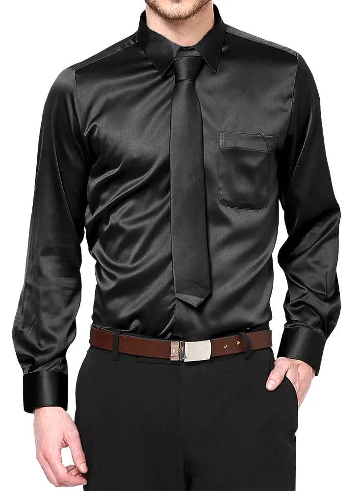 Boys Satin Long Sleeve Dress Shirt with Tie & Pocket Square