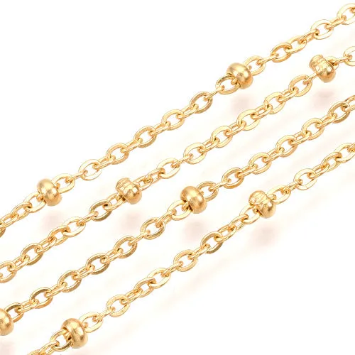 Chain, 304 Stainless Steel, Cable Chain, Soldered, Flat, Oval, Satellite Chain, With Round Beads, Gold Plated, 2.5x2mm