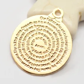 Charms, Flat, Round, Engraved, With Our Father Prayer, Words, Golden, Brass, 18.5x15mm