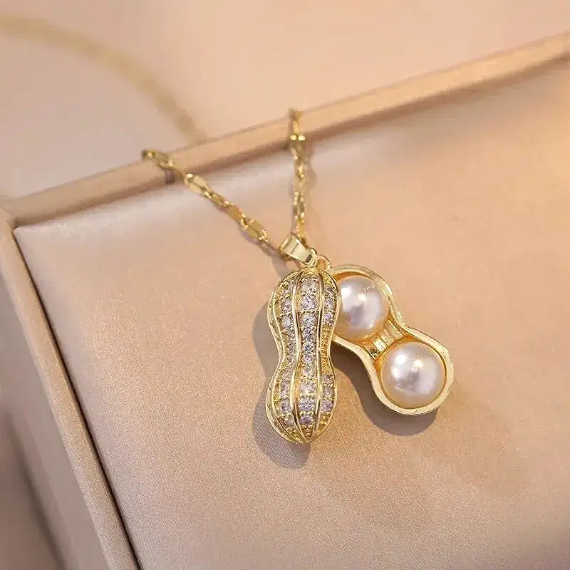 Elegant Women's Necklace Peanut Pendant Micro-inlaid Zirconia Pearls Niche Design High-end Clavicle Chain X449726