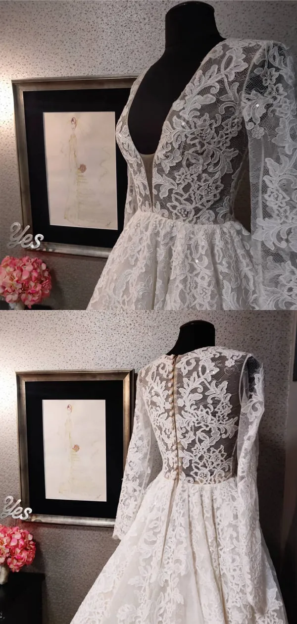 Gogerous V-neck Vintage Tulle Lace Long Sleeves A-line Wedding Dresses With Long Train.DB10402