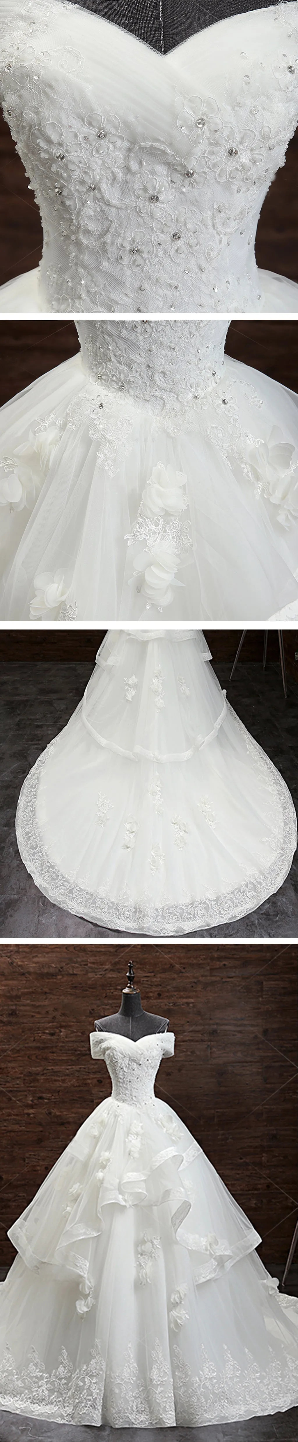 Gorgeous Princess Lace Appliques Beading Off Shoulder Ruffles Ball Gown Detachable Watteau Train Wedding Dress,DB090