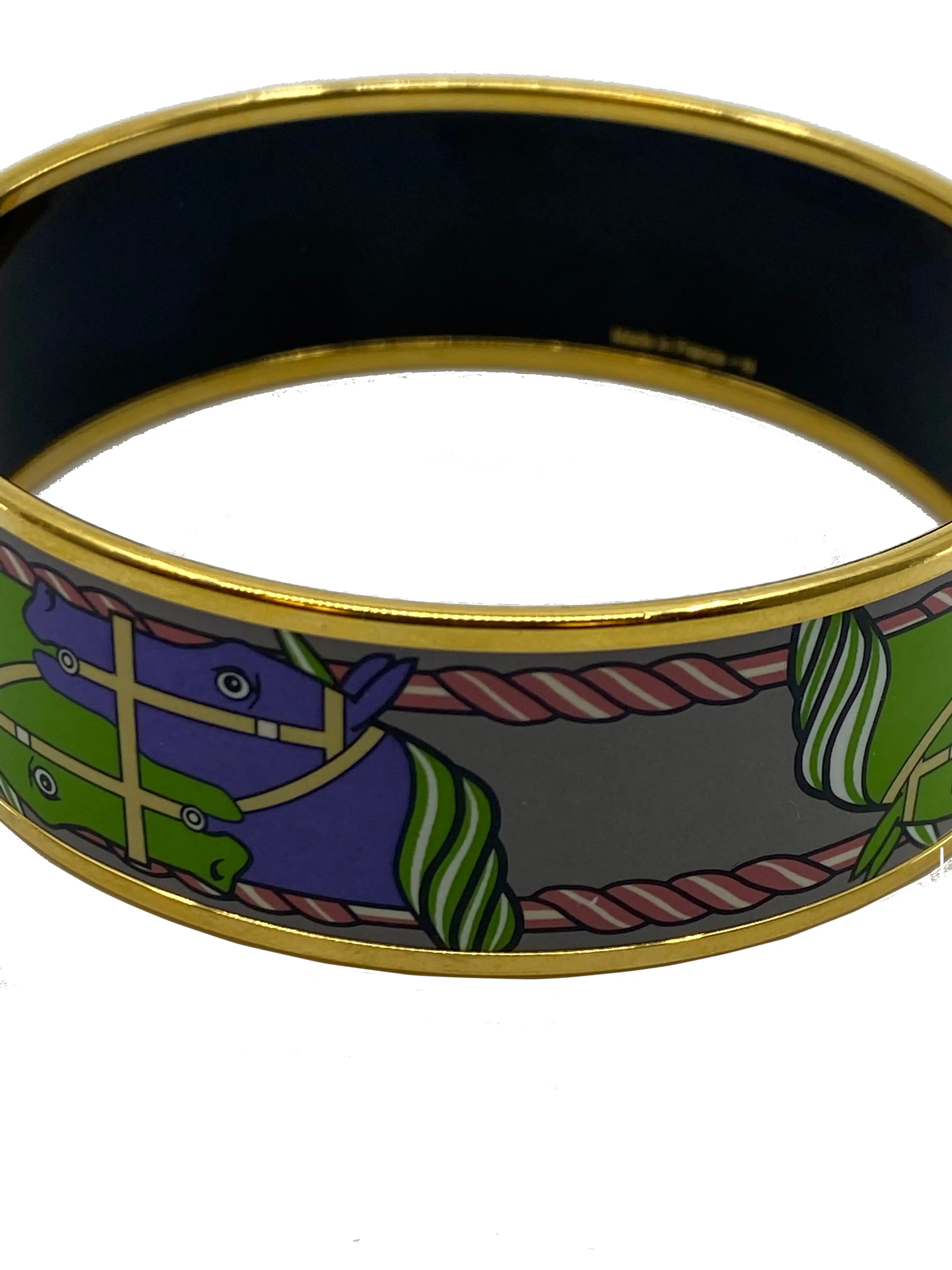 Hermes Equestrian Horse Printed Enamel Wide Bracelet 70