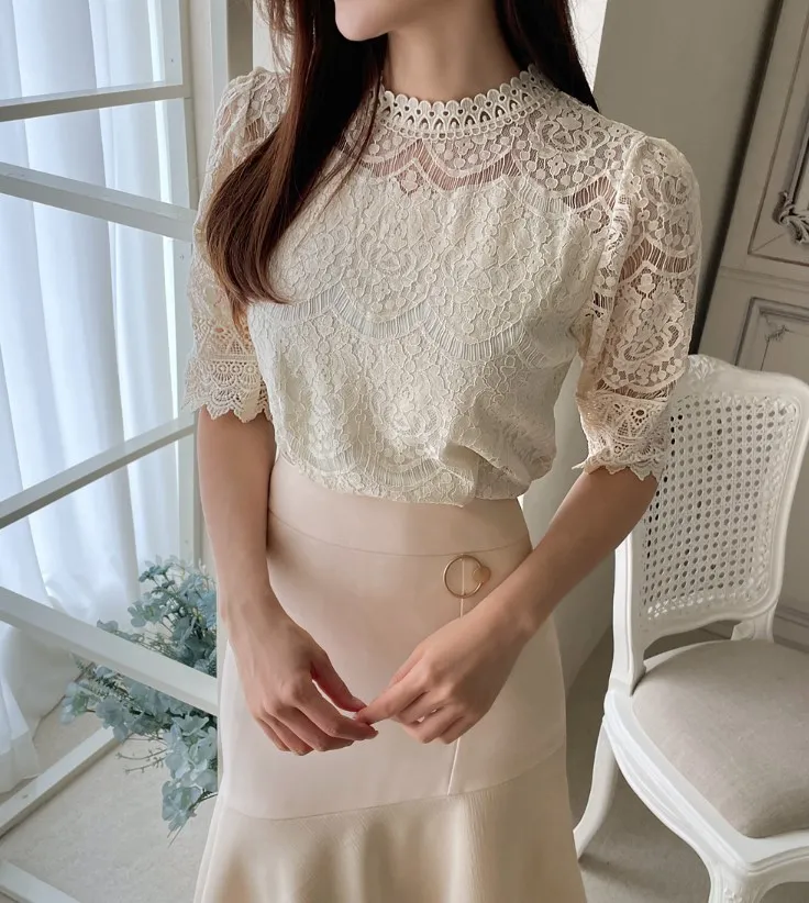 I AM MARI  |Flower Patterns Casual Style Short Sleeves Party Style Lace