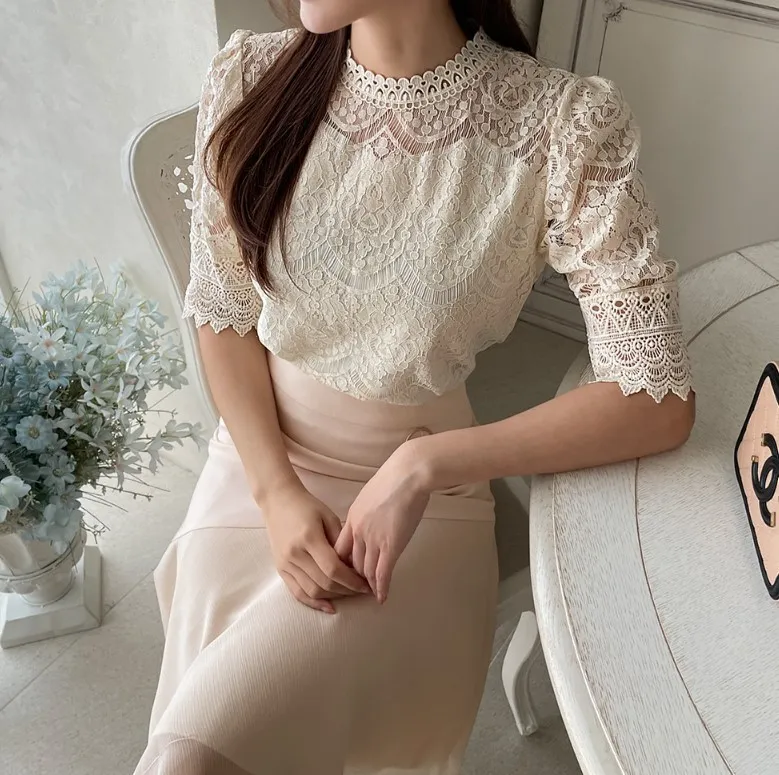 I AM MARI  |Flower Patterns Casual Style Short Sleeves Party Style Lace