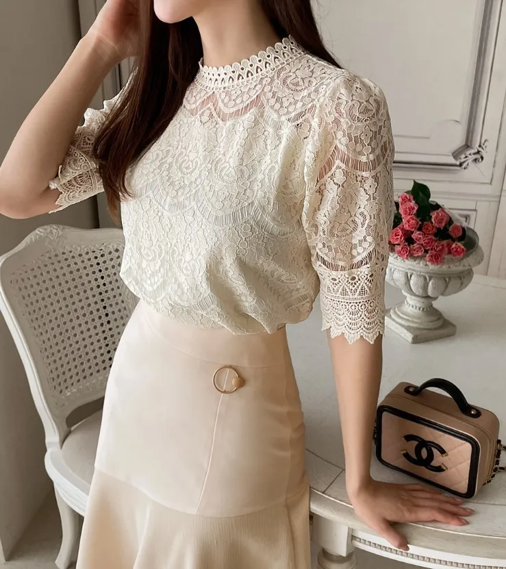 I AM MARI  |Flower Patterns Casual Style Short Sleeves Party Style Lace