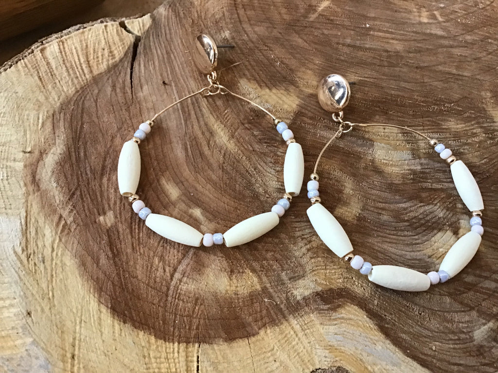 Ivory & Gold Wood Hoop Earrings