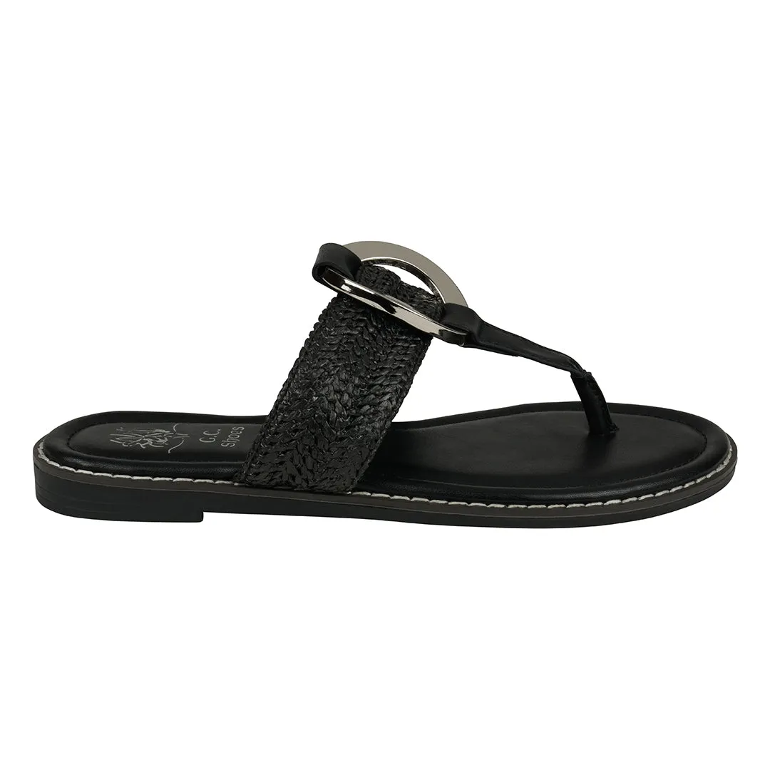 Jovie Black Woven Hardware Thong Flat Sandals