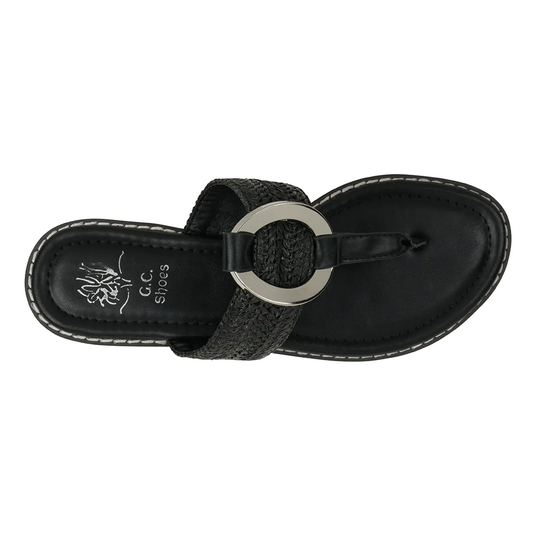 Jovie Black Woven Hardware Thong Flat Sandals