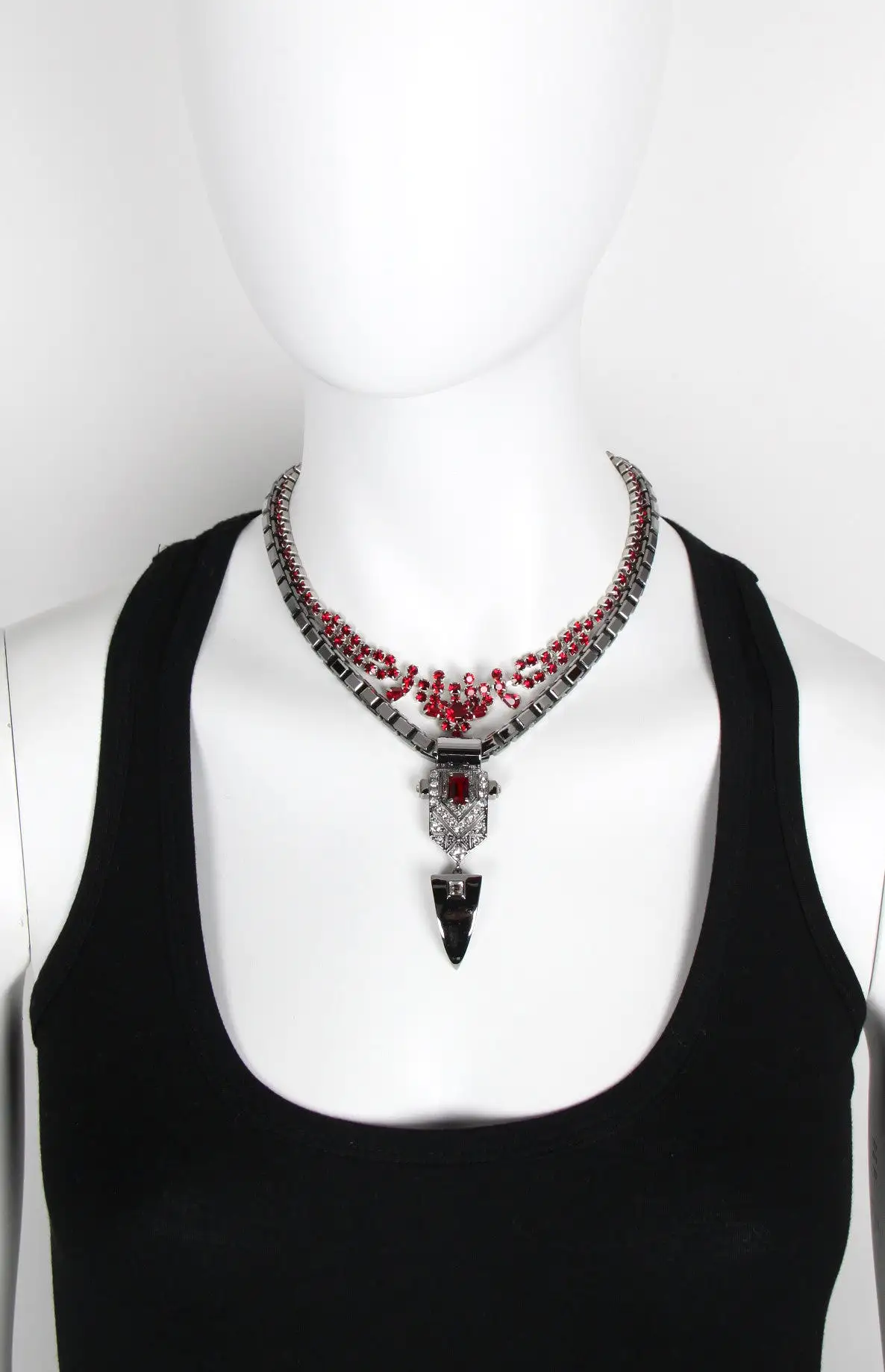 Layered Deco Fangs Necklace, Hematite