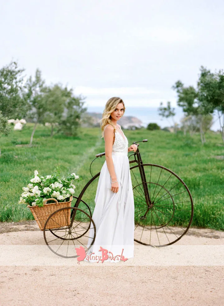 Light Grey Chiffon Rhinestone Backless Beach Wedding Dresses,DB0142