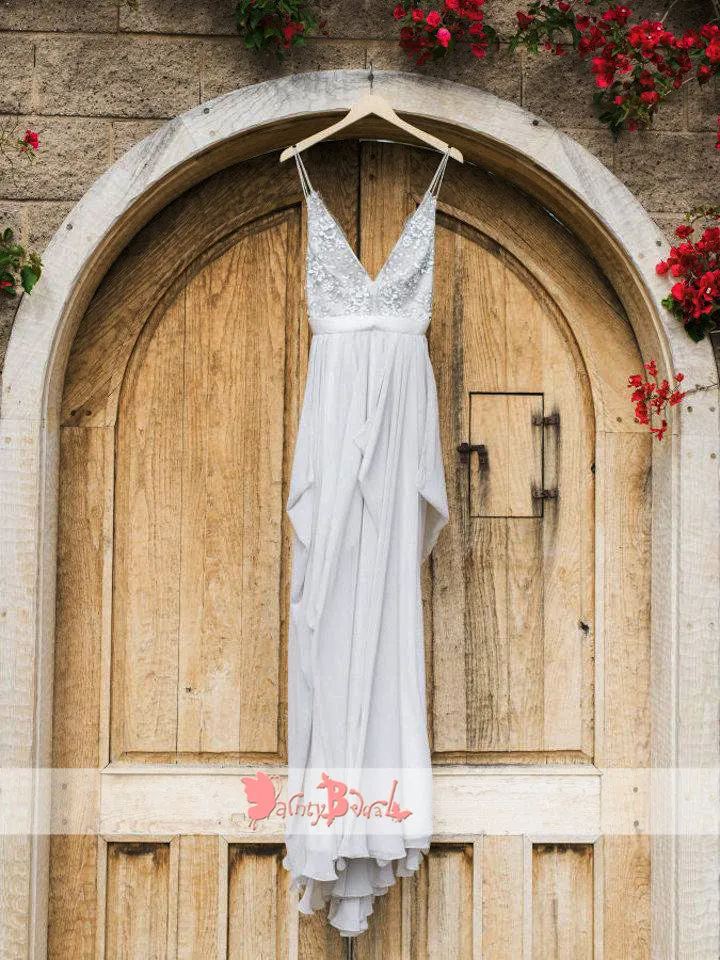 Light Grey Chiffon Rhinestone Backless Beach Wedding Dresses,DB0142