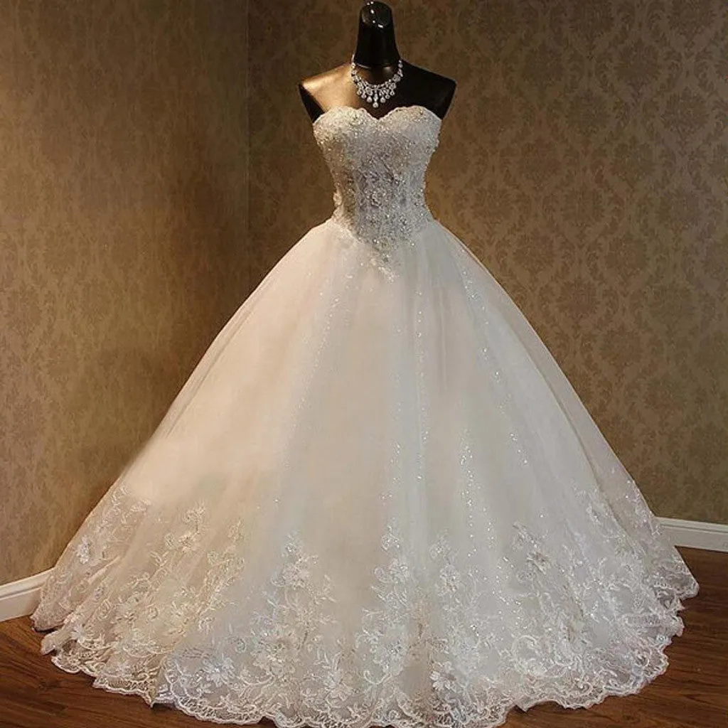 Luxury Sweetheart Rhinestone Beaded White Lace Wedding Dresses, Tulle Bridal Gown, WD0025