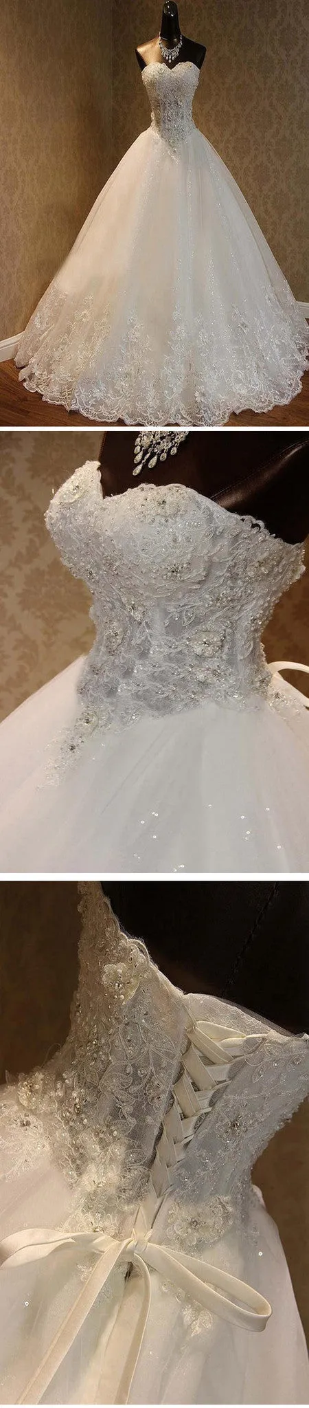 Luxury Sweetheart Rhinestone Beaded White Lace Wedding Dresses, Tulle Bridal Gown, WD0025