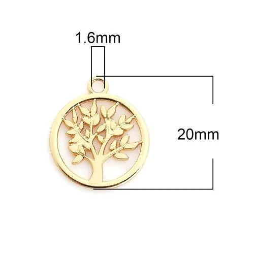 Pendants, Tree Of Life, Single-Sided, Flat, Round, Openwork, Gold Plated, Alloy, 20mm