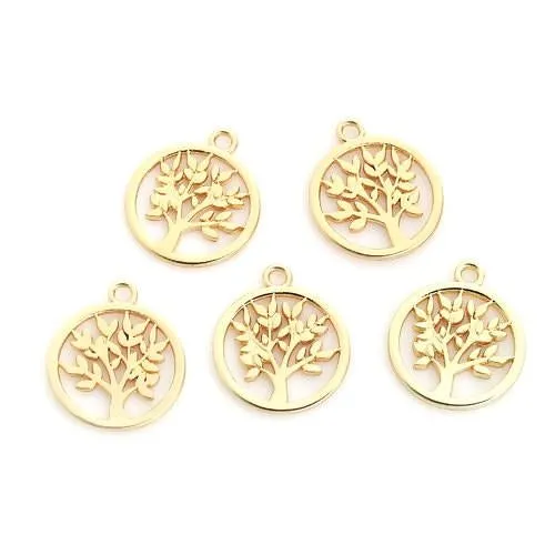 Pendants, Tree Of Life, Single-Sided, Flat, Round, Openwork, Gold Plated, Alloy, 20mm