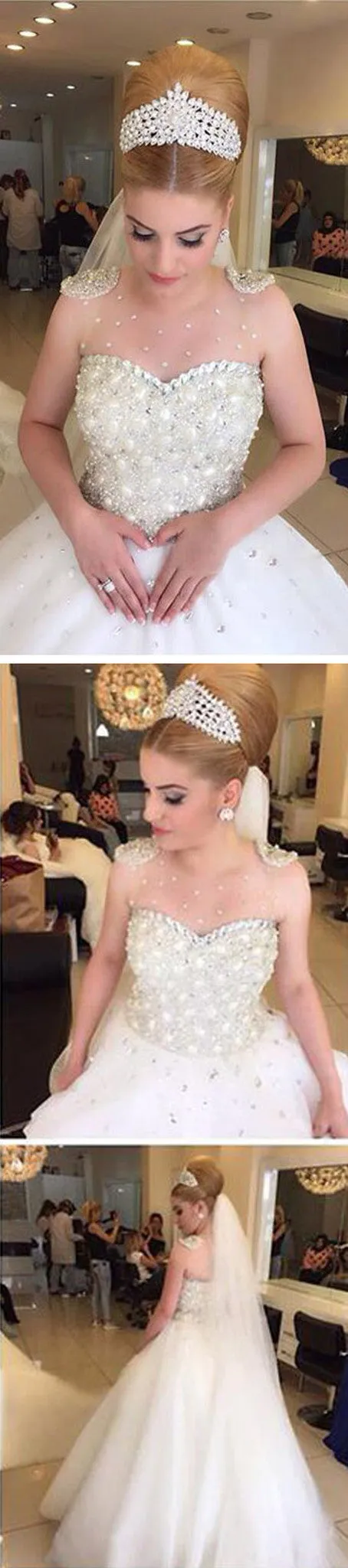 Popular Cheap Luxury Rhinestone Illusion Neck Beaded Tulle Ball Gown Wedding Party Dresses, WD0010