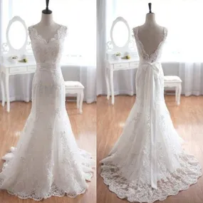 Popular Elegant V-Neck Deep V-back Long Mermaid White Lace Sweep Trailing Wedding Party Dresses , WD0045