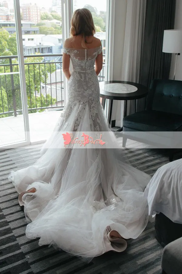 Popular Off The Shoulder Lace Appliques Stunning Mermaid With Train  Wedding Dresses,DB0119