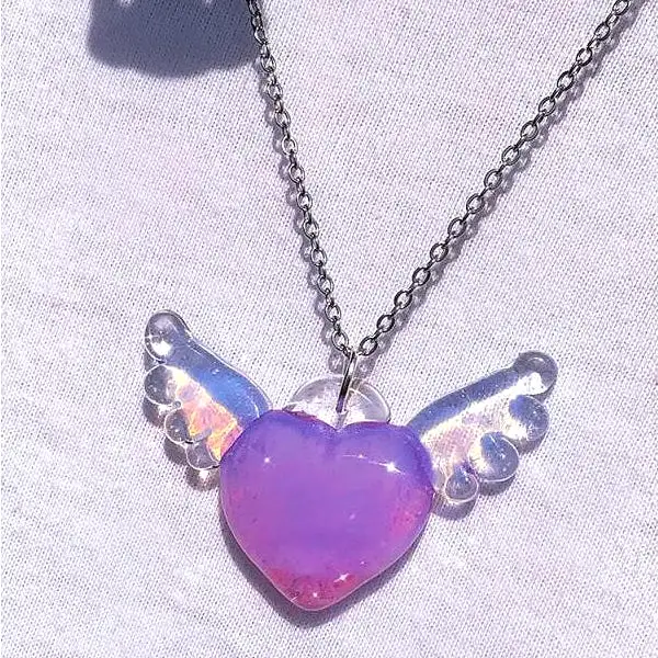 Pretty Pink Angel Heart with Wings Necklace Glass - Kimi