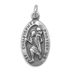 Saint Christopher Sterling Silver Oval Pendant Necklace