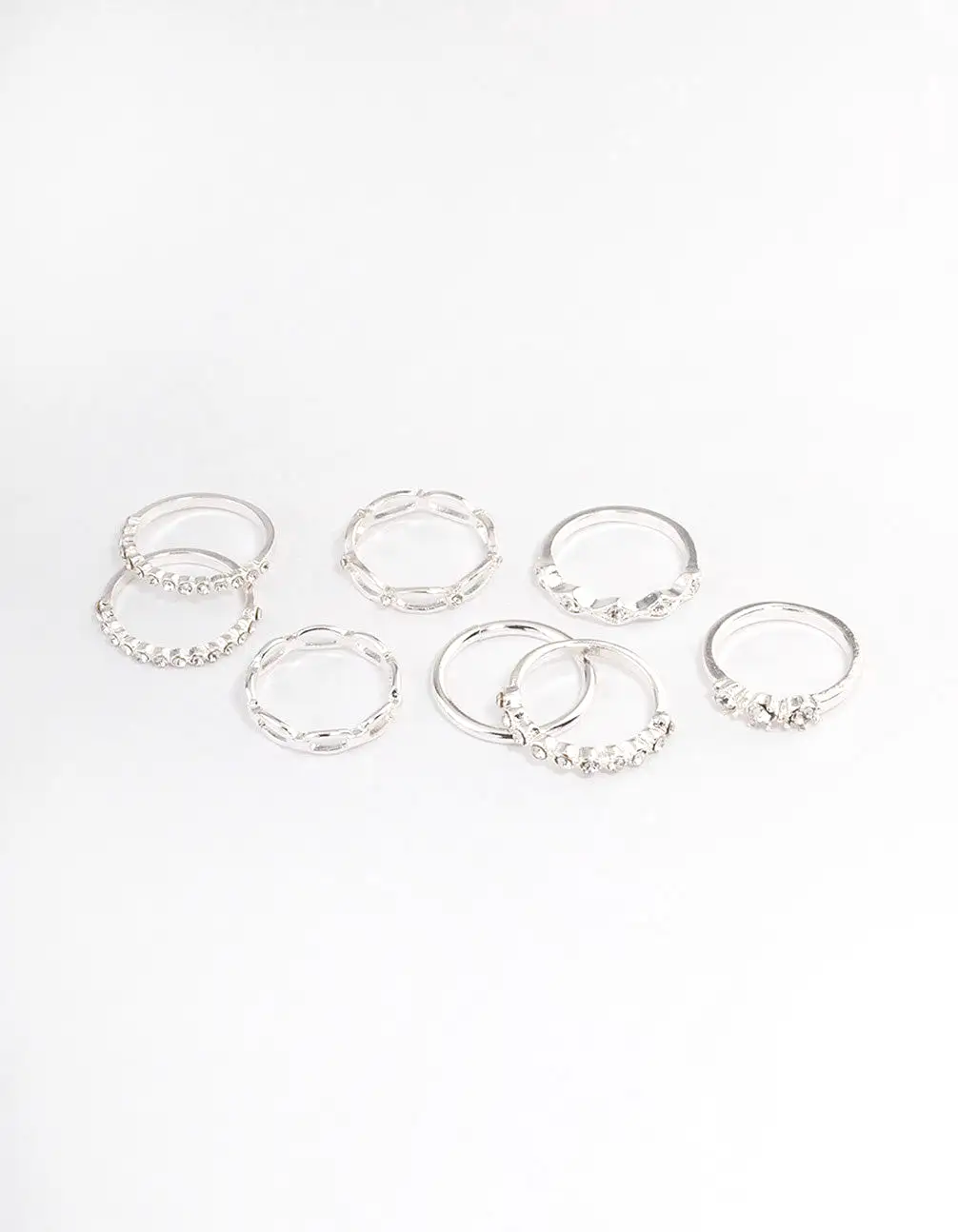 Silver Diamante Row Mix Ring 8-Pack