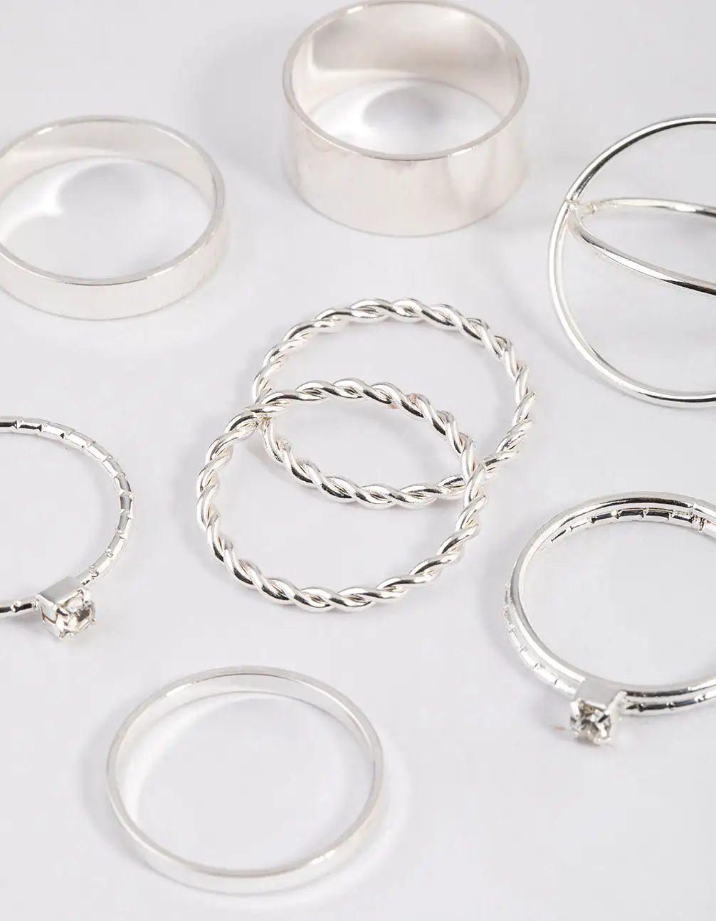 Silver Thick & Diamante Ring 8-Pack