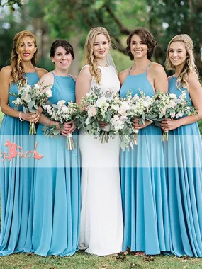 Simple Cheap Ice Blue Chiffon Spaghetti Strap Criss-Cross Backless A-line Bridesmaid Dresses,DB100