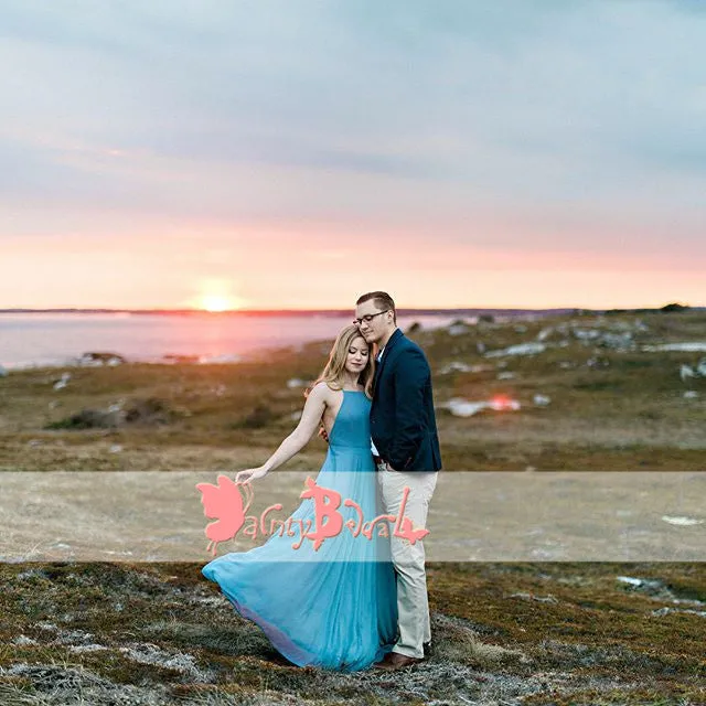 Simple Cheap Ice Blue Chiffon Spaghetti Strap Criss-Cross Backless A-line Bridesmaid Dresses,DB100