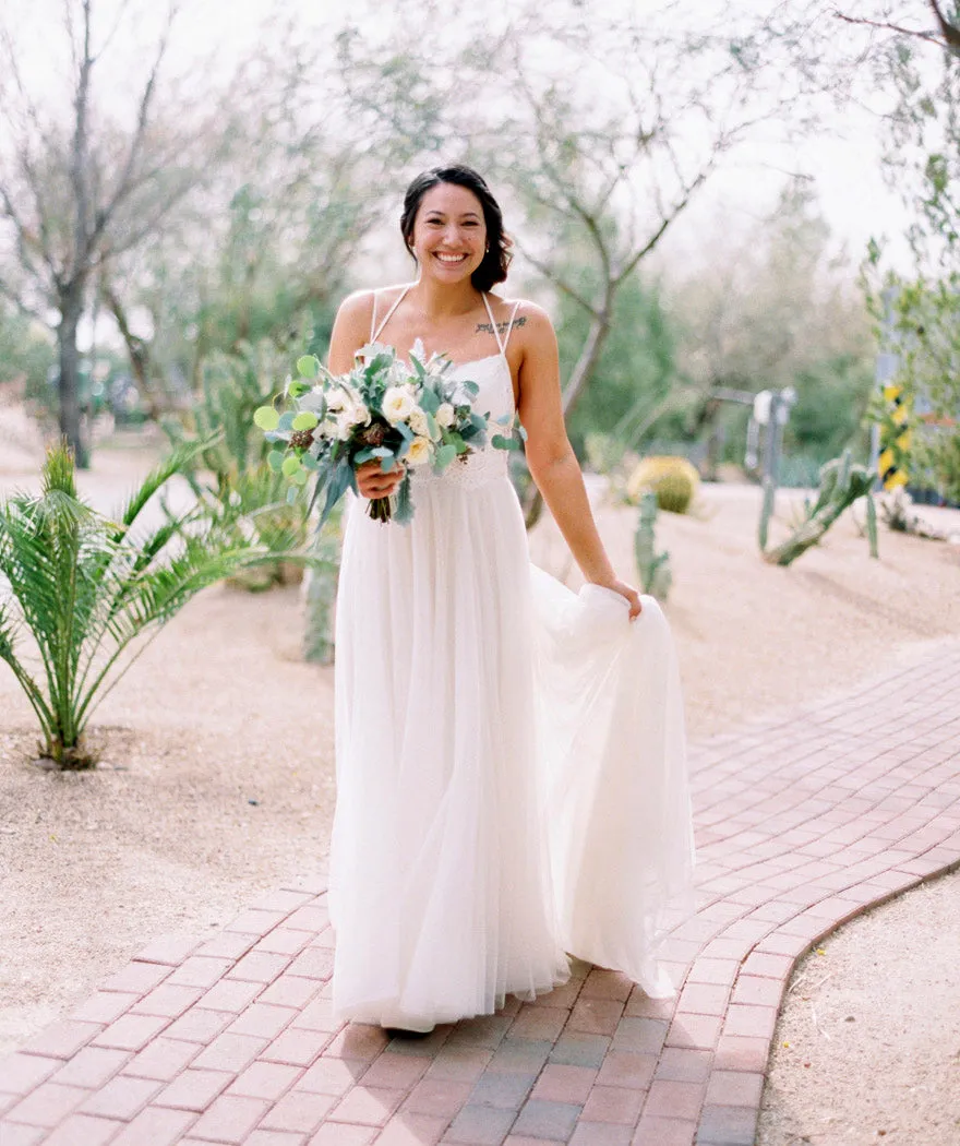 Simple Lace Tulle Backless Spaghetti Strap Long A-line Beach Wedding Dresses , WD0002