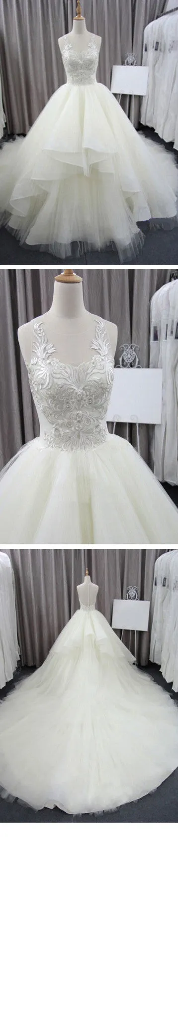 Sleeveless Scoop Yarn Neck  Lace Ivory Tulle Asymmetrical Ball Gown Cathedral Train Wedding Dresses, WD0074