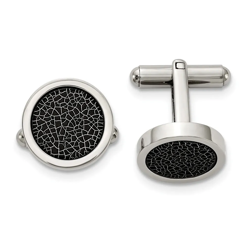 Stainless Steel & Black Stoving Varnish Round Flat Cuff Links, 16mm