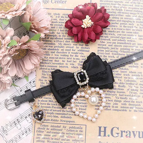 Sweet Princess Style Cute Pink Black Bow Heart Necklace ON642