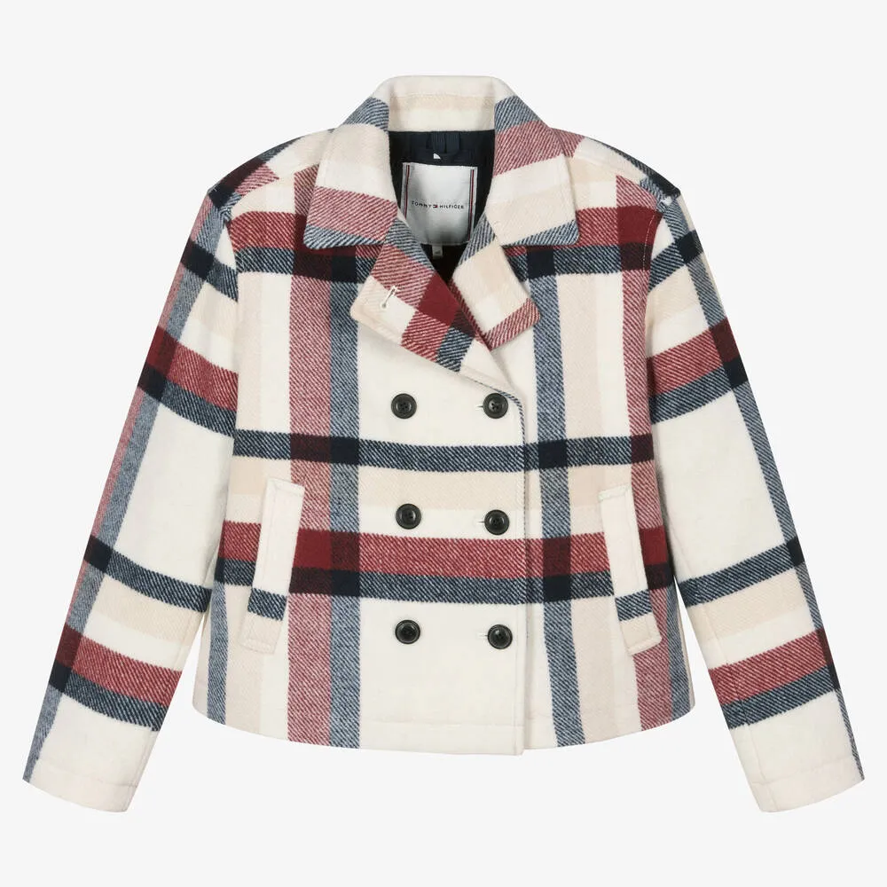 Teen Girls Ivory Check Wool Peacoat